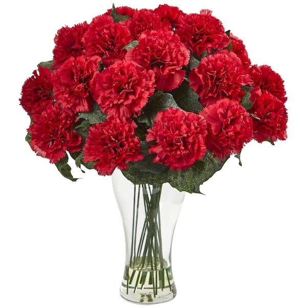 Nearly Natural Red Carnation Arrangement with Vase1403RD The Home Depot