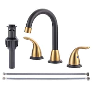 8 in. Widespread Double Handle Bathroom Sink Faucet with Drain Kit Included in Black and Gold