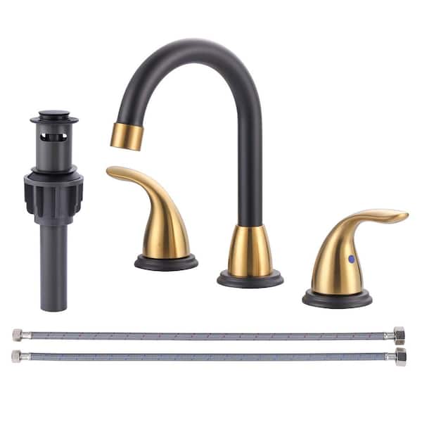 IVIGA 8 in. Widespread Double Handle Bathroom Faucet with Swivel Spout, Pop Up Drain and Supply Lines in Black and Gold