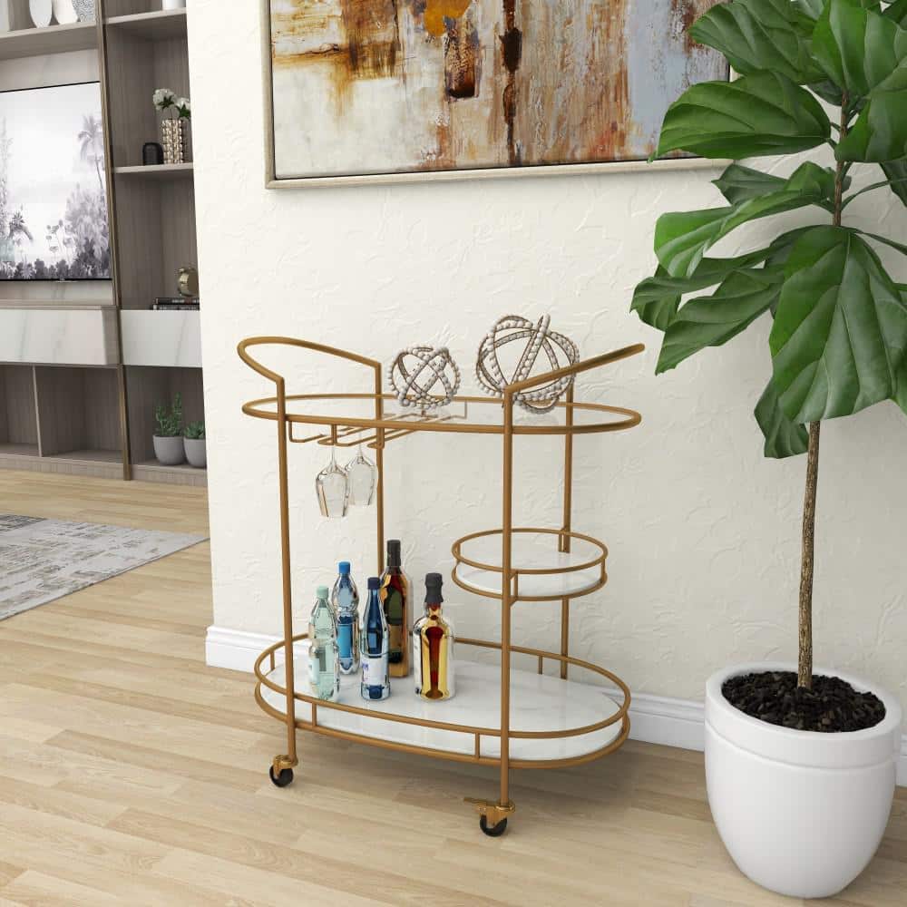 Elegant Gold Oval 3-Tier Marble and Glass Bar Cart with Wheels