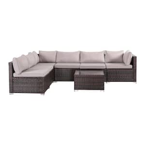 7-Piece Black Wicker Outdoor Furniture Set Sectional Sofa Couch with Washable Gray Cushions for Garden Porch Balcony