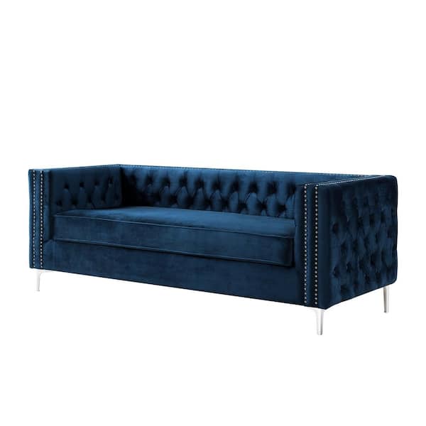 Inspired Home Olivia 34.5 in. Navy Velvet 3 Seater Tuxedo Sofa