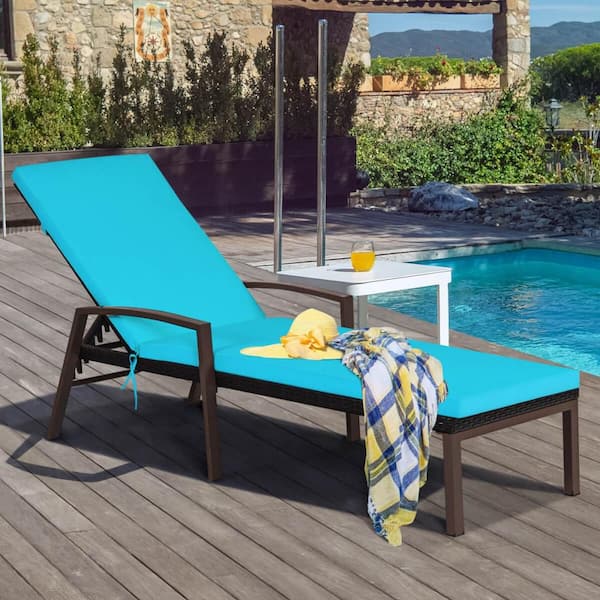 Wicker Outdoor Lounge Chair with Patio Reclining Chaise Sun Lounger Turquoise and White Cushion (2-Pack)