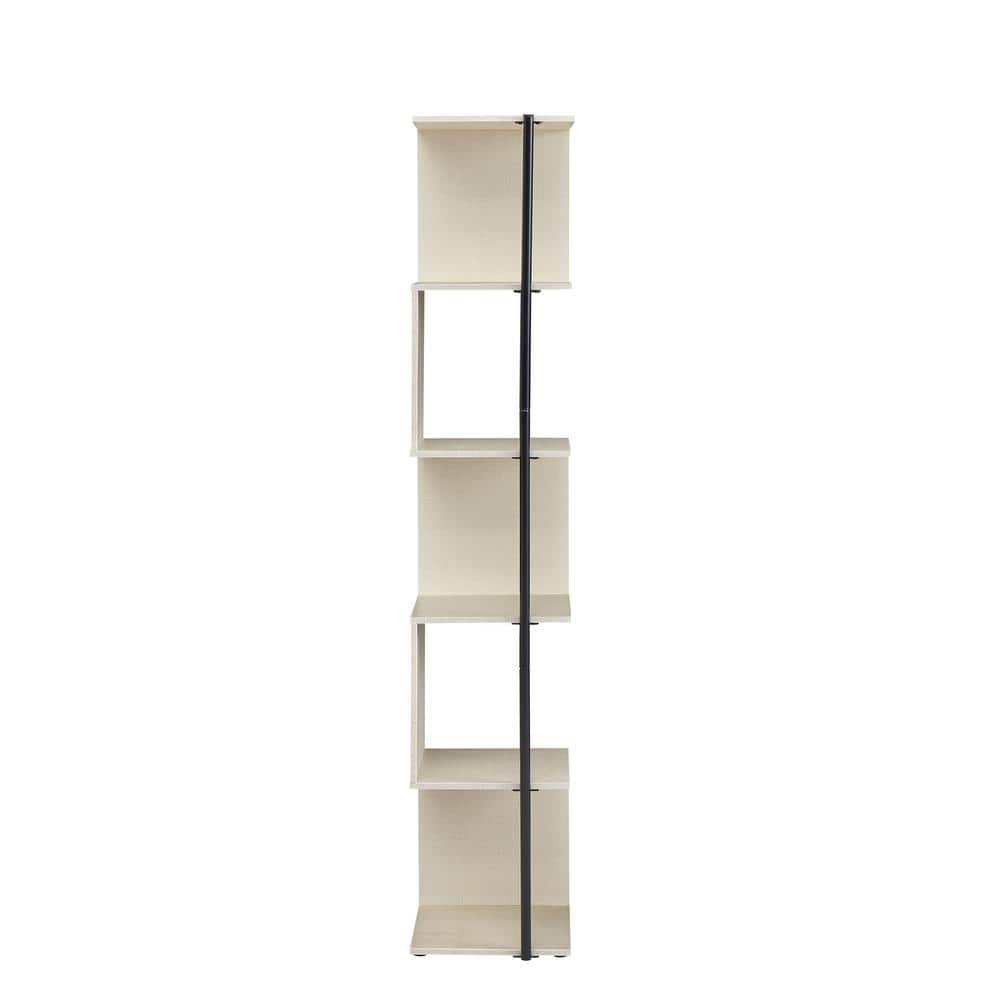Cream Weave 5-Shelf Corner Bookcase with Black Metal Support