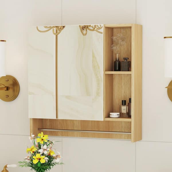 21.6 in. W x 22 in. H Natural Wood Rectangular Wall Mounted Medicine Cabinet with Mirror, Shelves and Towel Rack