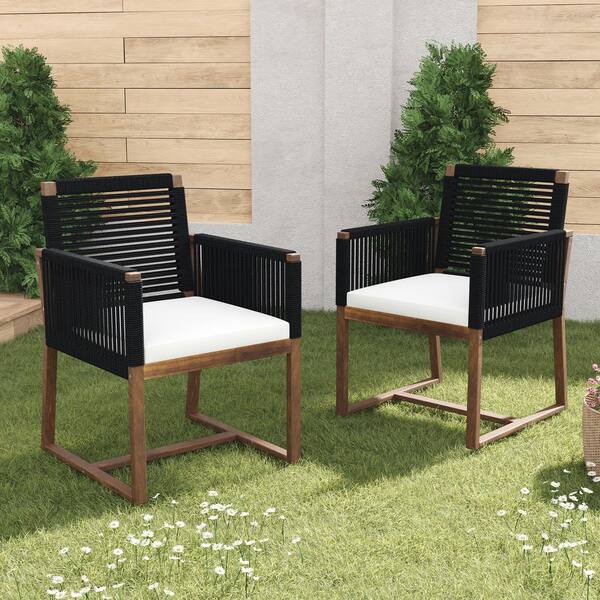 Unbranded 2-Piece Wood Outdoor Dining Chairs, Patio Armchair with Black Rope Design Back and White Cushions for Backyard, Garden