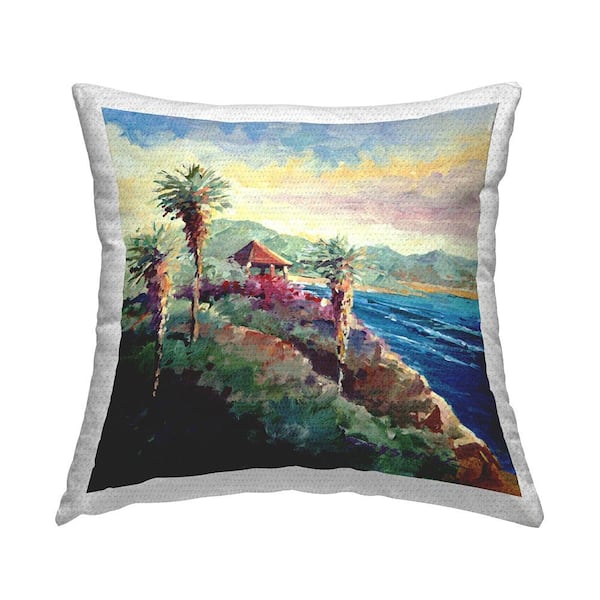 Stupell Industries Coastal Beach Hut Tropical Palms Multi-Color Square Outdoor Throw Pillow