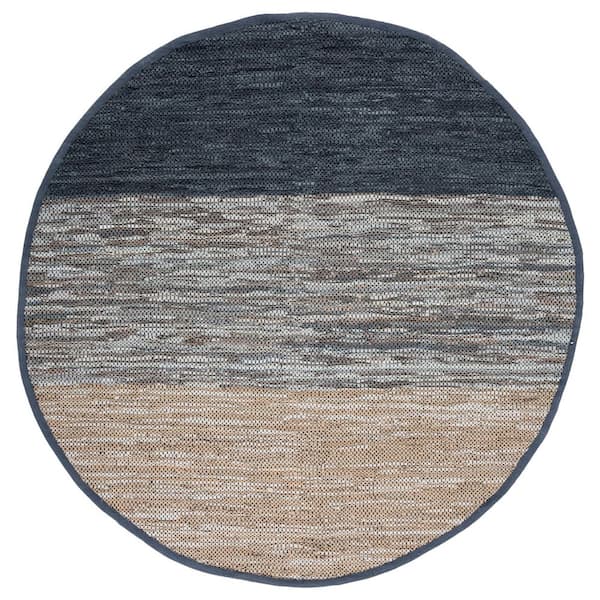 Vintage Leather 7 ft. x 7 ft. Blue/Gray Gradient Striped Round Area Rug
