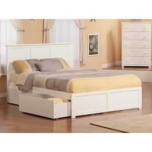 Madison White Queen Solid Wood Storage Platform Bed with Flat Panel Foot Board and 2 Bed Drawers