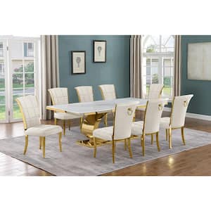 Ibraim 9-Piece Rectangle White Marble Top Gold Stainless Steel Dining Set with 8 Cream Velvet Gold Iron Leg Chairs