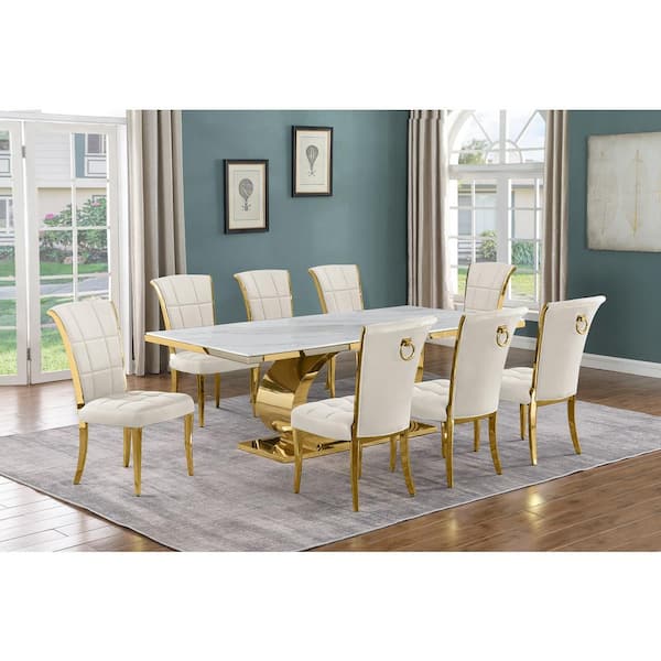 Best Quality Furniture Ibraim 9-Piece Rectangle White Marble Top Gold Stainless Steel Dining Set with 8 Cream Velvet Gold Iron Leg Chairs