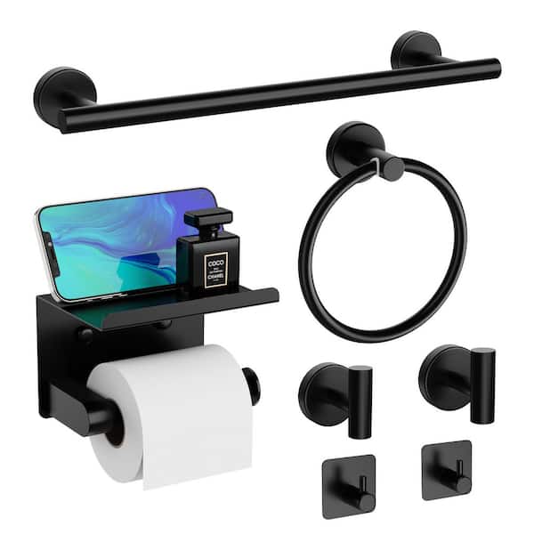 PRIMEPLUS 7-Piece Round Bath Hardware Set with Towel Bar, Toilet Paper Holder, Towel Ring and Towel Hooks in Matte Black