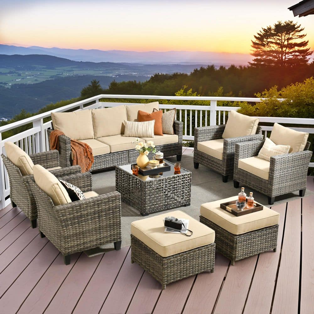 Daphne 8-Piece Wicker Modern Outdoor Patio Conversation Sofa Seating Set with Beige Cushions price history on PriceWatchPro