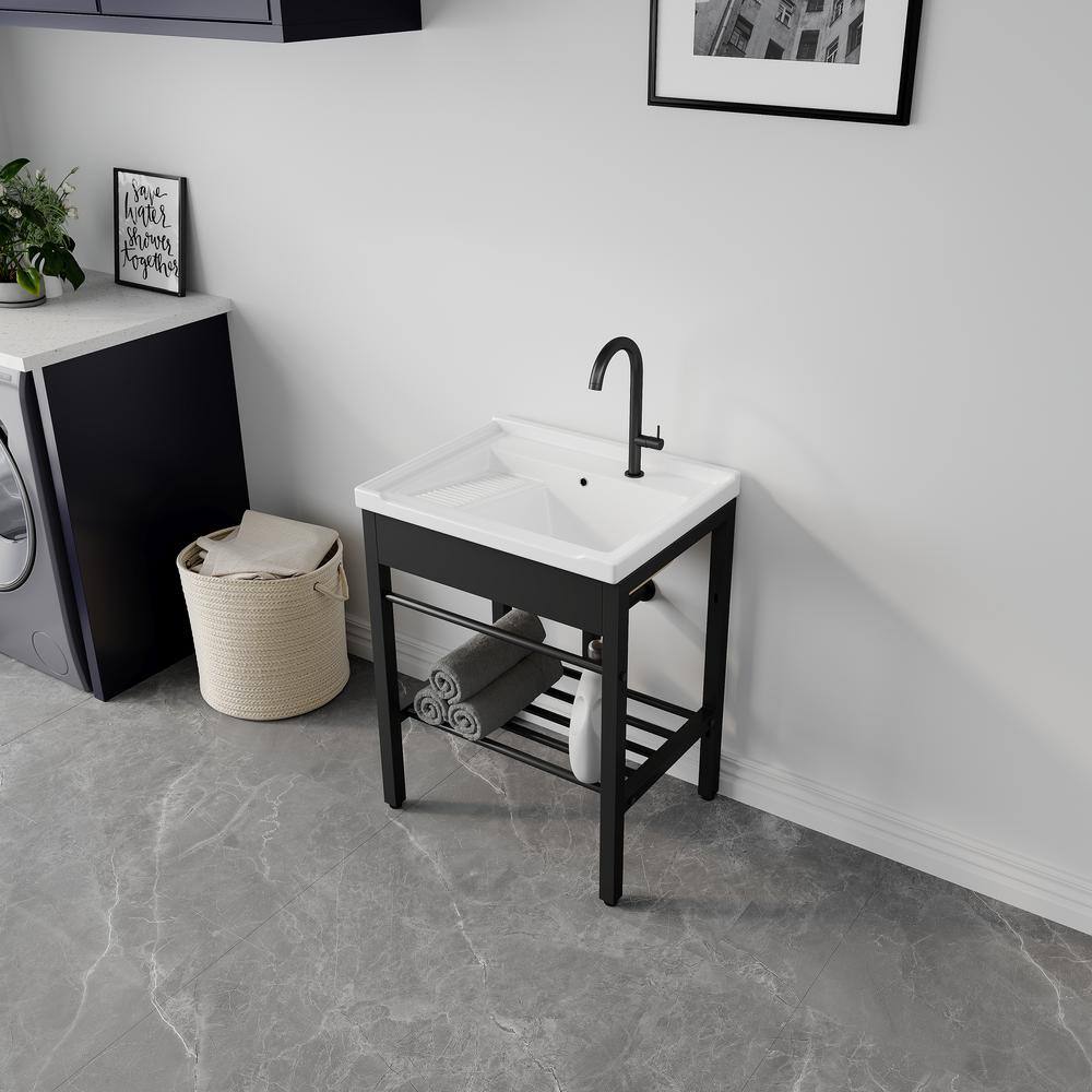 24" White Ceramic Freestanding Laundry Sink with Black Metal Frame