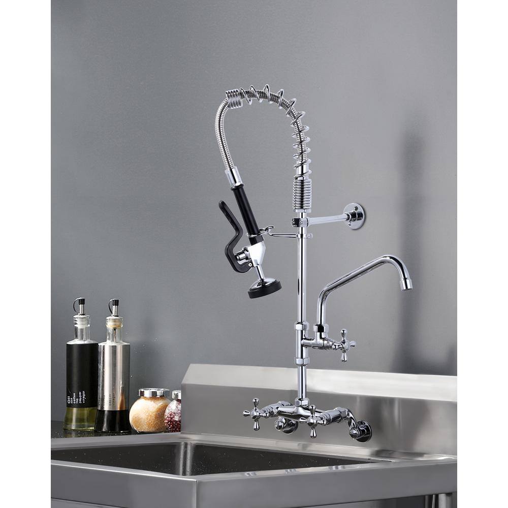 26-Inch Chrome Wall Mount Commercial Kitchen Faucet with Pull-Down Spray