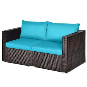 2-Piece Rattan Corner Sofa Set Patio Outdoor Furniture Set with 4 Blue Cushions