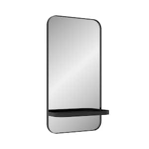 16 in. W x 30 in. H Modern Rectangular Framed Black Hook Wall Bathroom Vanity Mirror with Shelf