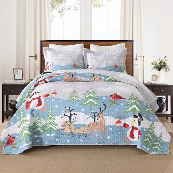 BY215 3 Pcs Winter Wonderland King Polyester Reversible Bedspread Set Christmas Quilt Set