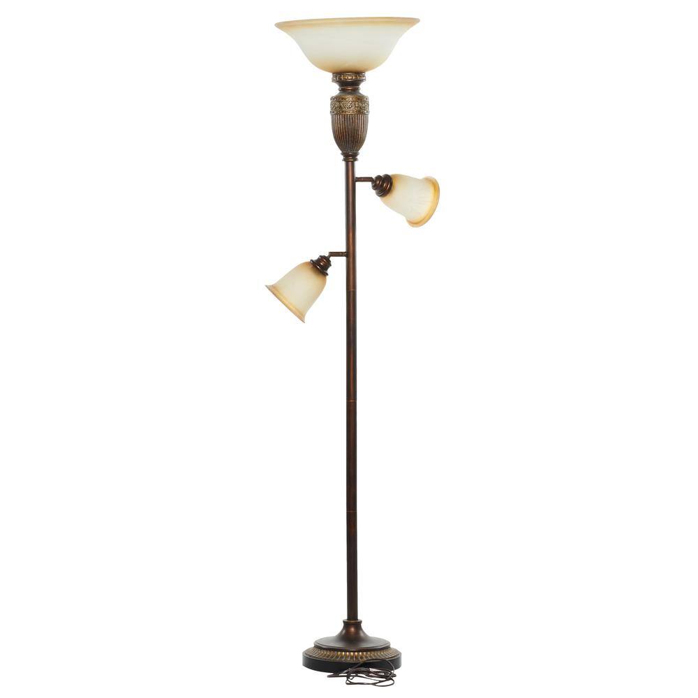 Antique Brown 70" Torchiere with Beige Glass Shades