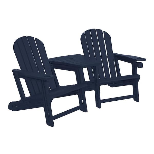 Coastline Navy Blue Outdoor Patio All Weather Poly Plastic Adirondack Chair w/ Connecting Tray & Cup Holder Set of 2