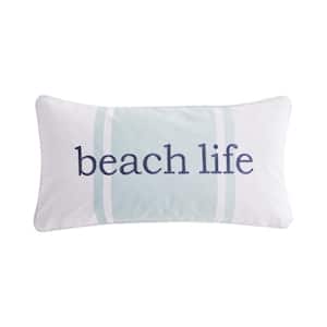 Sunset Bay Light Blue, Navy and White "Beach Life" Embroidered 12 in. x 24 in. Throw Pillow