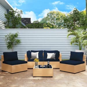 5-Piece Wicker Patio Conversation Seating Set with Navy Blue Cushions