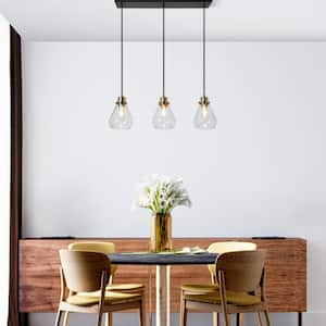 Modern Kitchen Island Chandelier 3-Light Black and Brass Height Adjustable Chandelier with Teardrop Clear Glass Shades