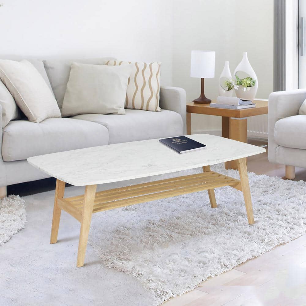 Laura 43" Rectangular White Marble Coffee Table with Oak Shelf