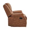 Side view of a saddle brown leather push back recliner chair.