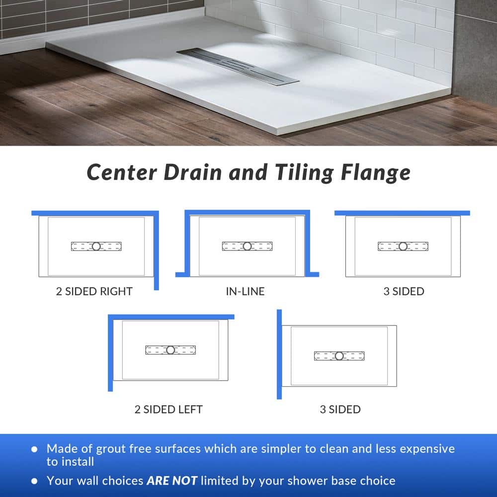 White Solid Surface Low-Profile Curbless Shower Base 60 x 36