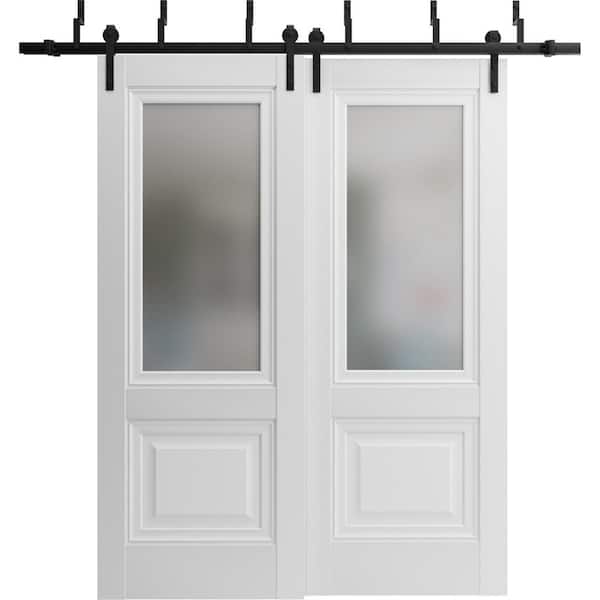 Sartodoors 84 in. x 80 in. 2 Panel Frosted Glass White Solid Wood Sliding Barn Door with Hardware Kit