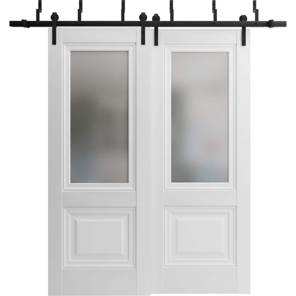 84 in. x 84 in. 2 Panel Frosted Glass White Solid Wood Sliding Barn Door with Hardware Kit price history on PriceWatchPro