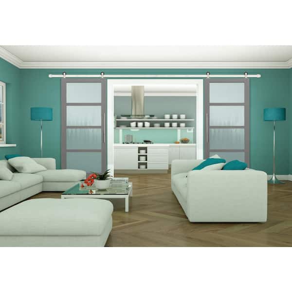 60 in. x 84 in. 4-Lite Clear Coat Driftwood Mistlite Interior Sliding Barn Door with Satin Nickel Hardware Kit