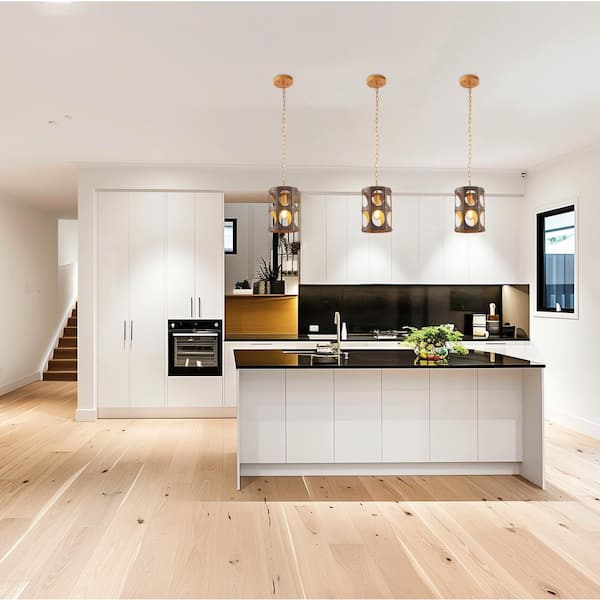 60-Watt 1-Light Wood and Gold Island Pendant Light for Kitchen Island Living Room and No Bulbs Included