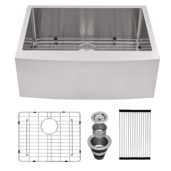 Bnuina 27 in. Single Bowl 16-Gauge Brushed Nickel Stainless Steel Kitchen Sink with Bottom Grids, Drain, Rack and Clips