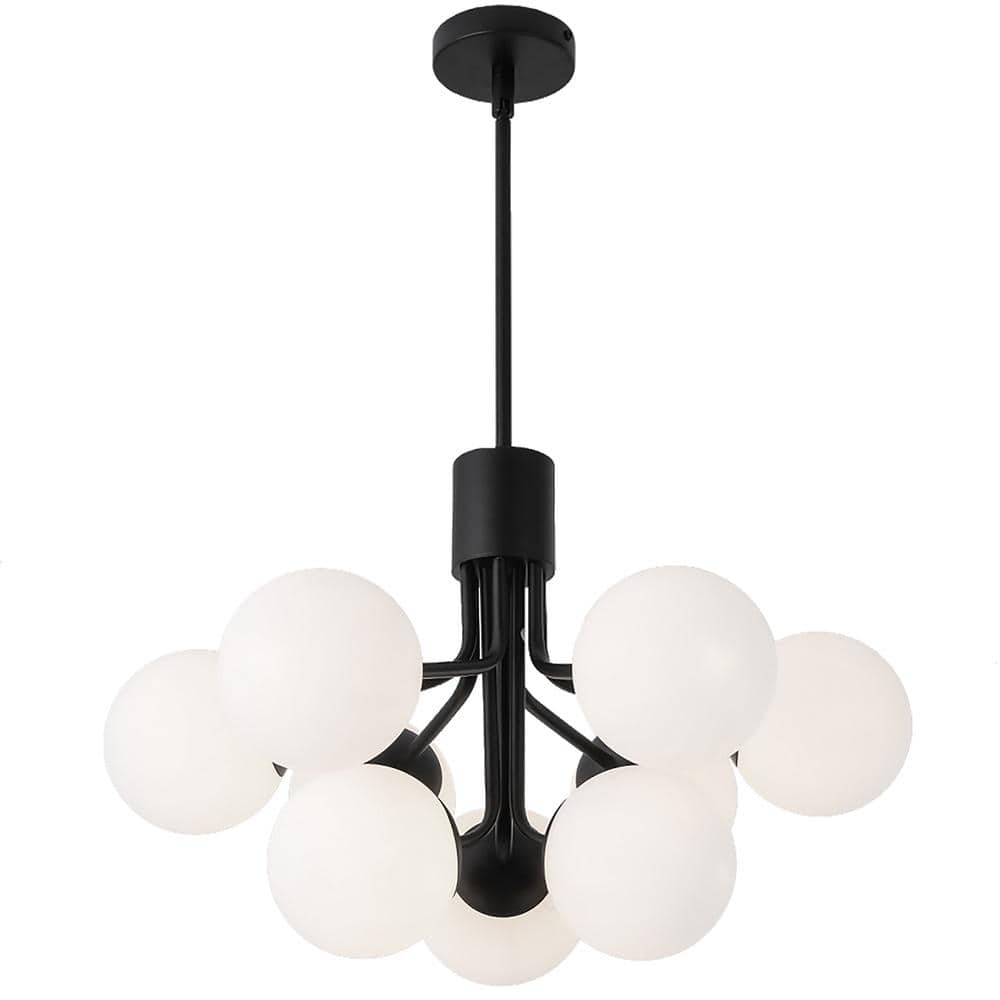 Amanda 9 -Light Matte Black Chandelier with White Glass Shade