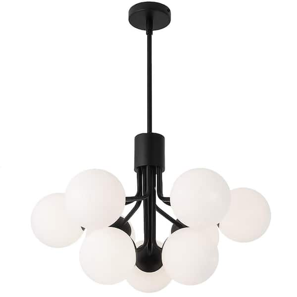 Dainolite Amanda 9 -Light Matte Black Chandelier with White Glass Shade