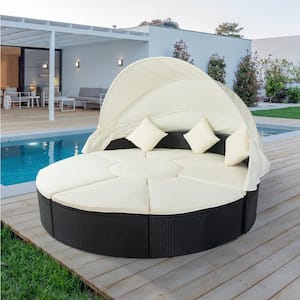Black Wicker Outdoor Day Bed Sectional With Retractable Canopy and Beige Cushions