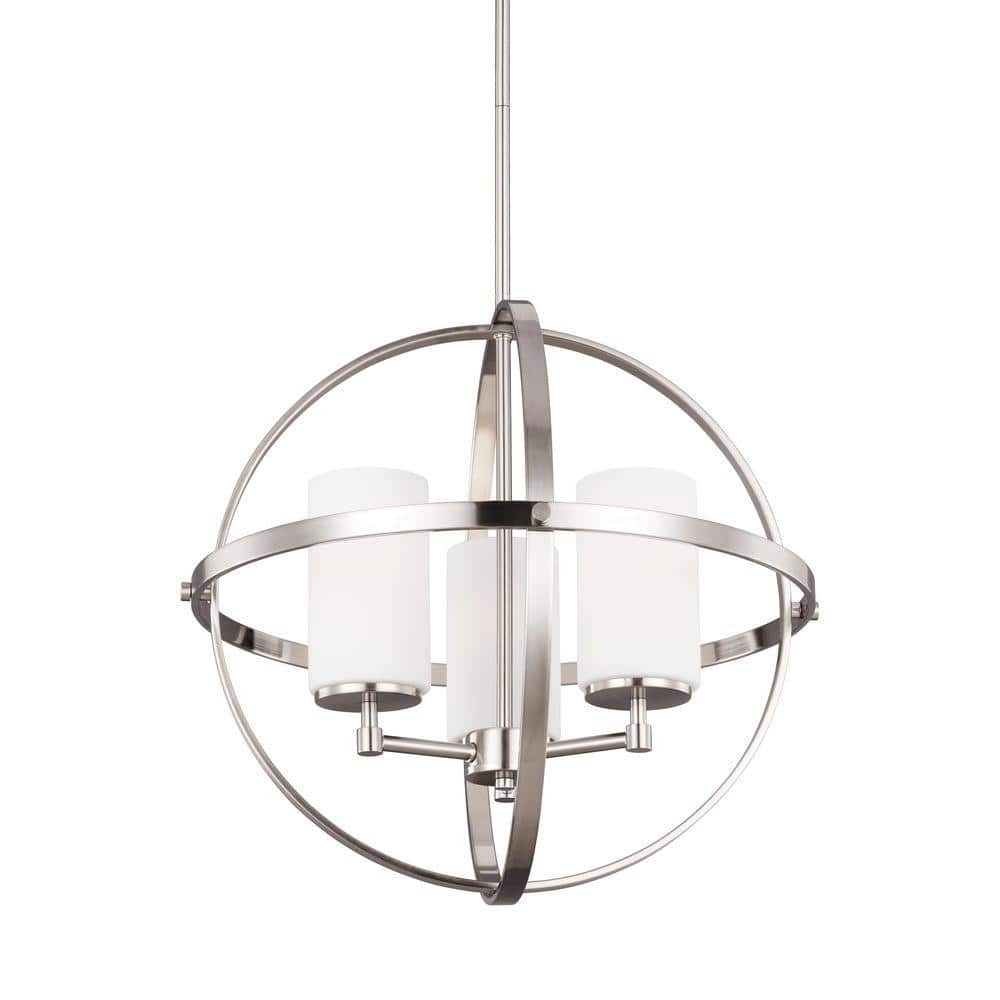 Generation Lighting Alturas 3-Light Brushed Nickel Modern Dining Room Hanging Globe Chandelier with Etched White Glass