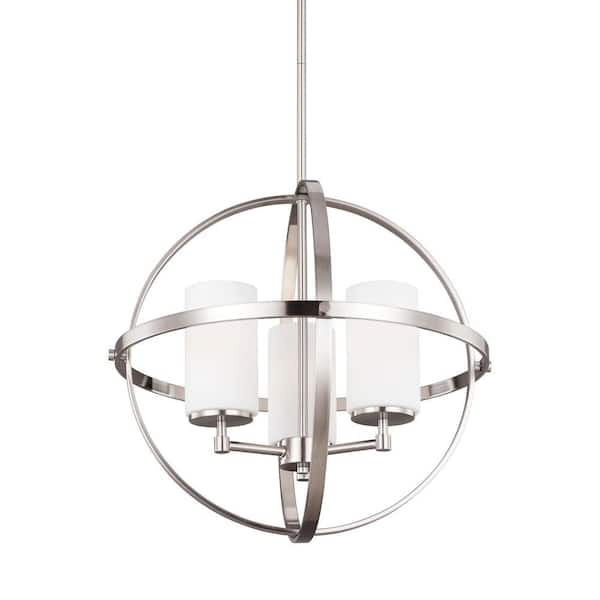 Generation Lighting Alturas 3-Light Brushed Nickel Modern Dining Room Hanging Globe Chandelier with Etched White Glass