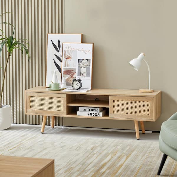 Miscool Anky 55.12 in. Natural Wood Rectangle MDF Rattan Coffee