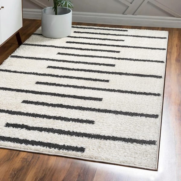 Alaro Berber Stripe Shag White/Black 8 ft. x 10 ft. Area Rug