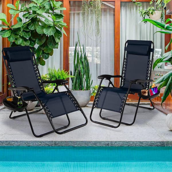 Unbranded Alloy Steel Zero Gravity Adjustable Folding Reclining Outdoor Lounge Chair with Pillow and Cup Holder in Navy Set of 2