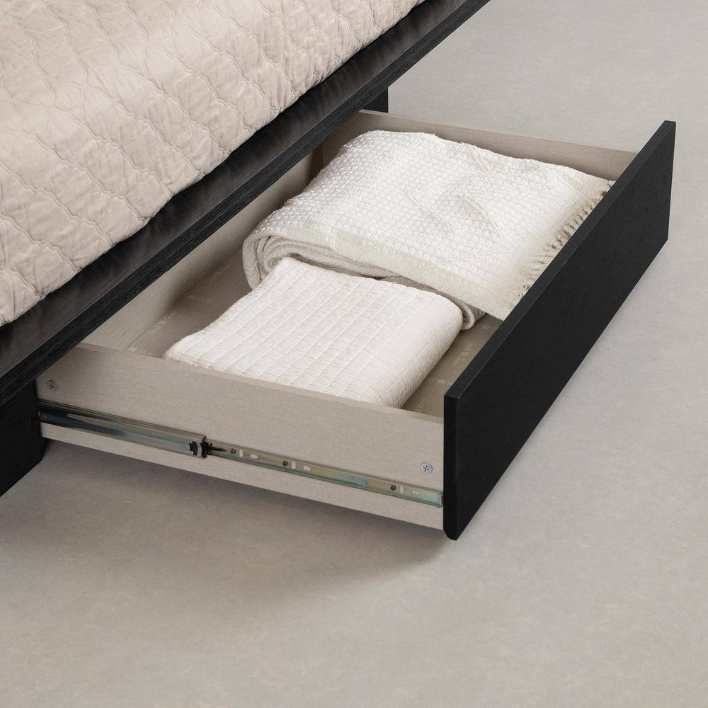 Black Oak Queen Platform Bed with Upholstered Headboard and Drawer