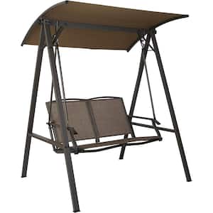 Doris 2-Person Dark Brown Metal Frame Outdoor Patio Swing with Breathable Taupe Textilence Seat