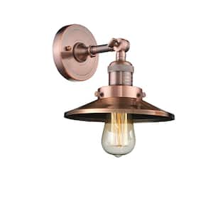 Railroad 8 in. 1-Light Antique Copper Wall Sconce with Antique Copper Metal Shade