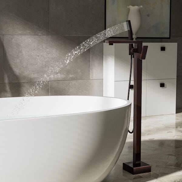 Modern Single-Handle Freestanding Tub Faucet with Hand Shower in Oil Rubbed Bronze