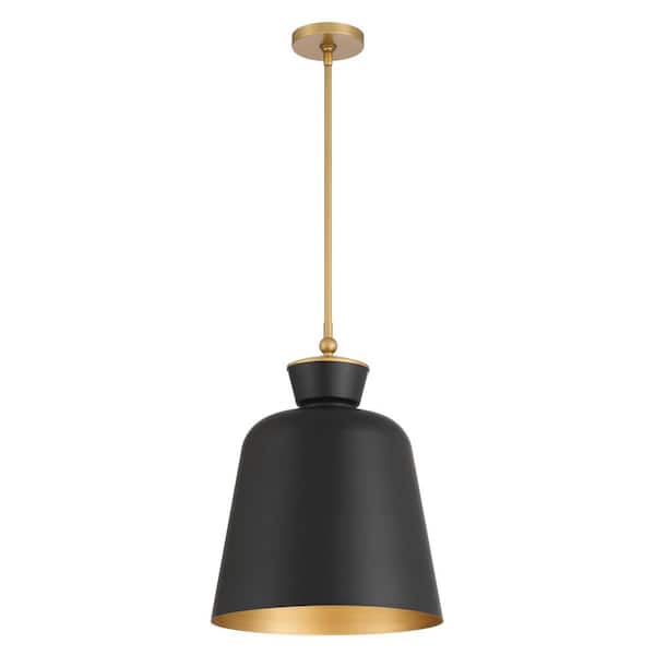 Holloway 100-Watt 1-Light Dark Matte Black and Legacy Brass Bell Pendant Light with Black Metal Shade, No Bulb Included