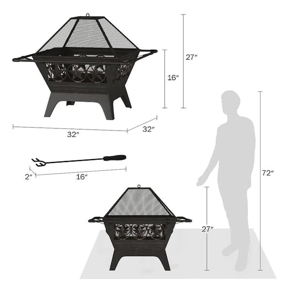 Pure Garden 32 In W X 27 In H Square Steel Wood Burning Outdoor Deep Fire Pit In Black With Star Design Hw1500259 The Home Depot