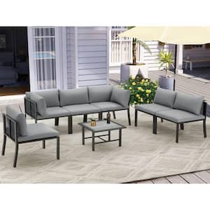 7-Piece Metal Outdoor Patio Conversation Set with Cover and Gray Cushions